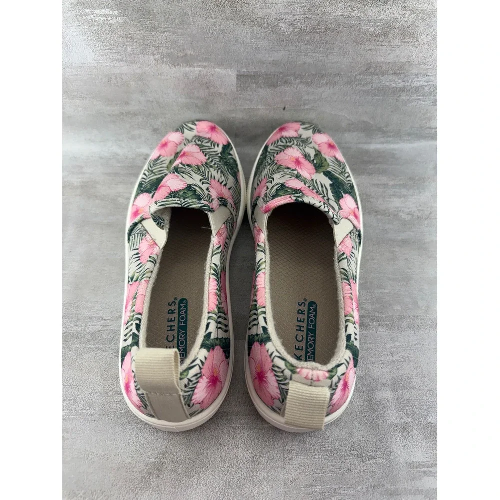 Skechers Women 155218 Tropical Hibiscus Floral Slip On Sneakers Pink White Sz 8